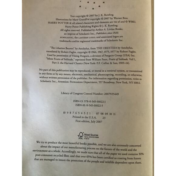 Harry Potter and the Deathly Hallows Hardcover Dust Jacket 1st Ed 1st Print 2007 - Picture 2 of 2